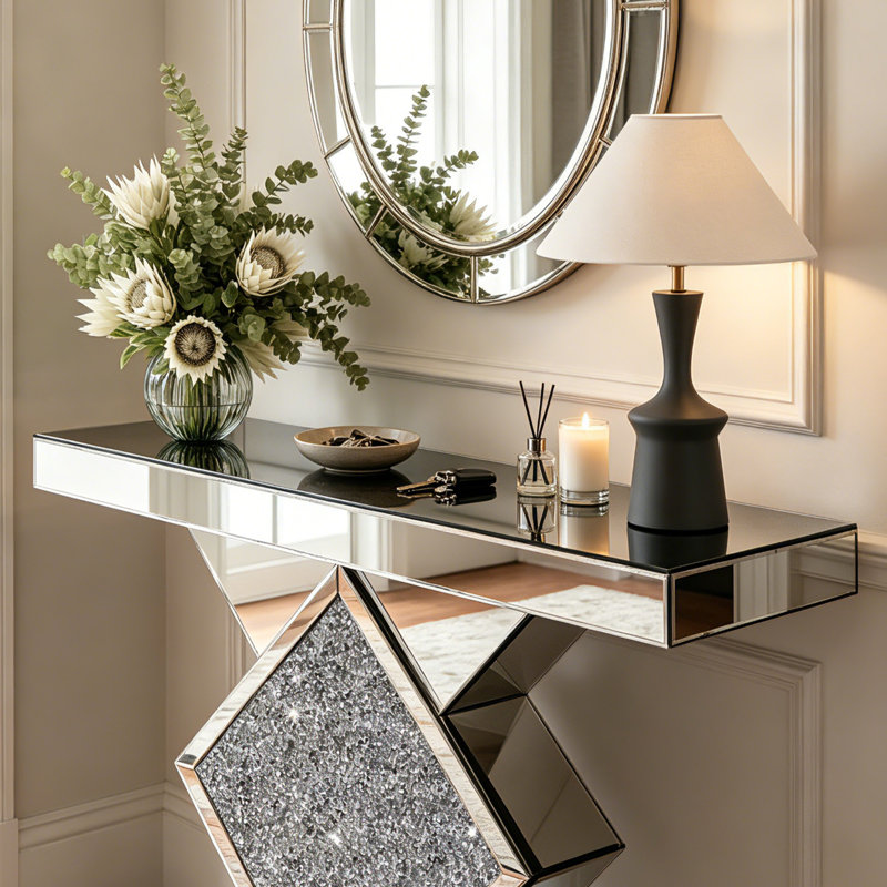 Mirrored Glass Console Table with Crushed Diamond Inlay