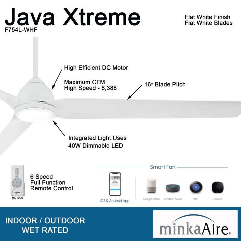84'' 3 - Blade Outdoor LED Smart Standard Ceiling Fan with Remote Control and Light Kit Included, White