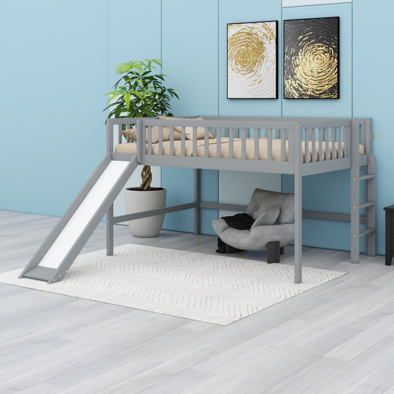 Solid Wood Floor Loft Bed With Slide And Ladder, Gray
