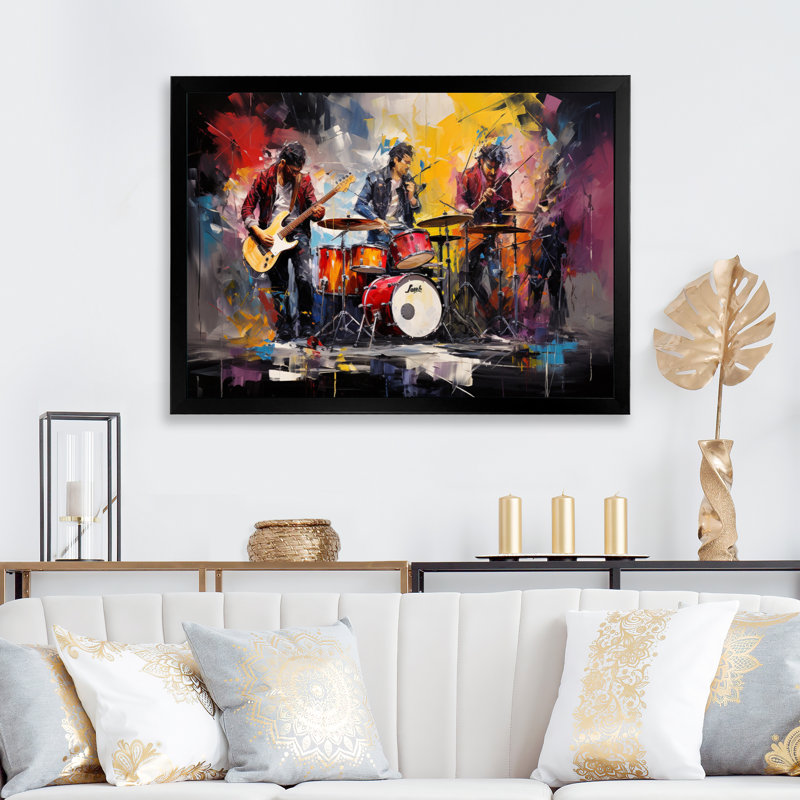 Rock Band In Action III sur toile, Cadre simple noir, H 16 po x l 32 po x P 1 po