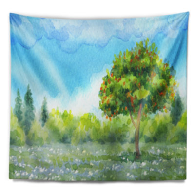 Peinture paysage arbre dans la tapisserie de printemps