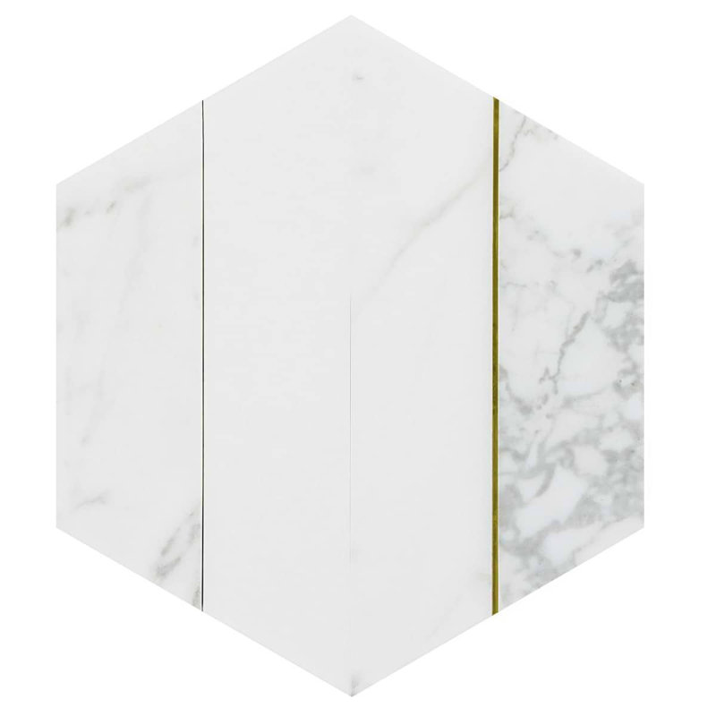 Margo 9" Hexagon Polished Calacatta Marble and Brass Mosaic Tile