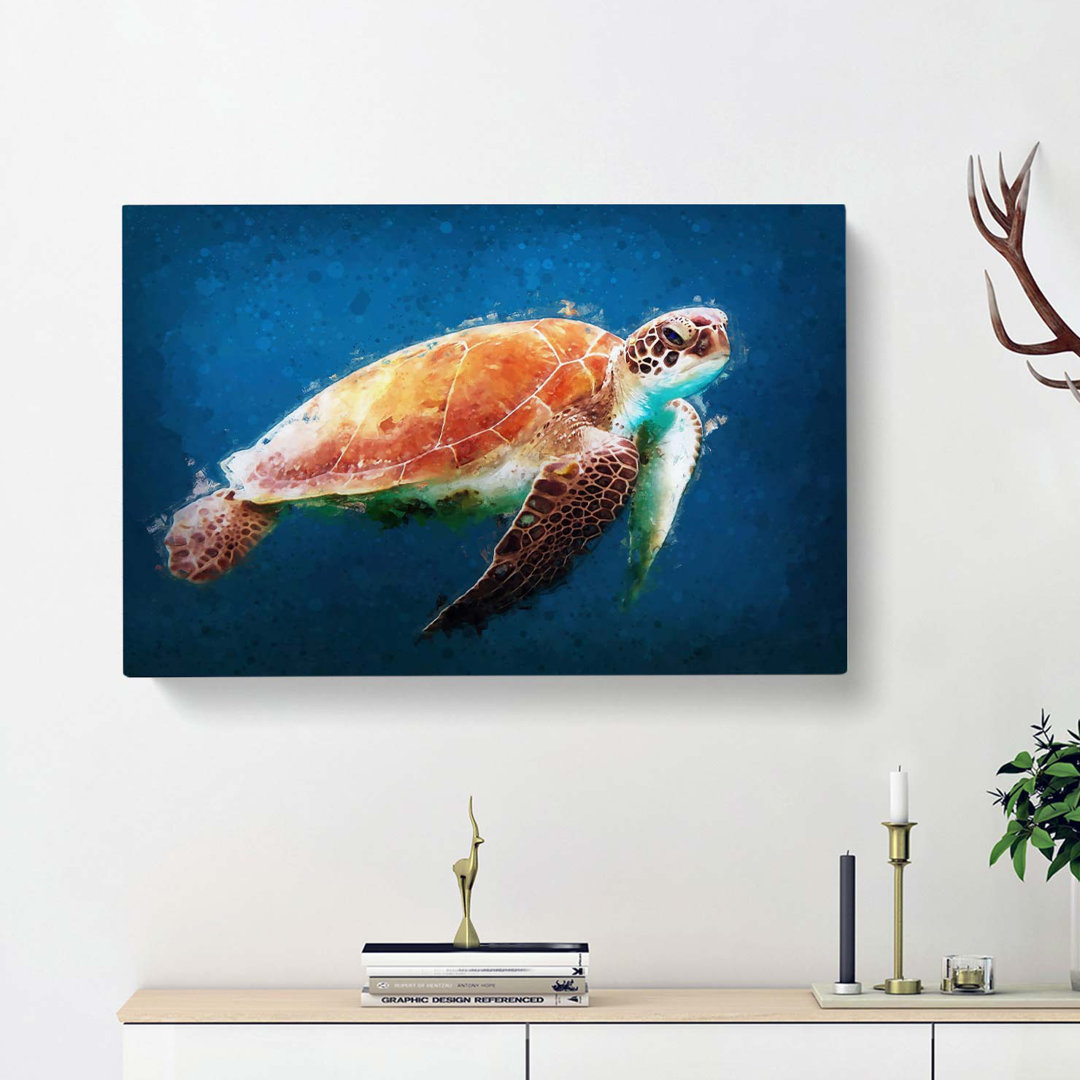 Sea Turtle In The Blue Ocean In Abstract - Wrapped Canvas