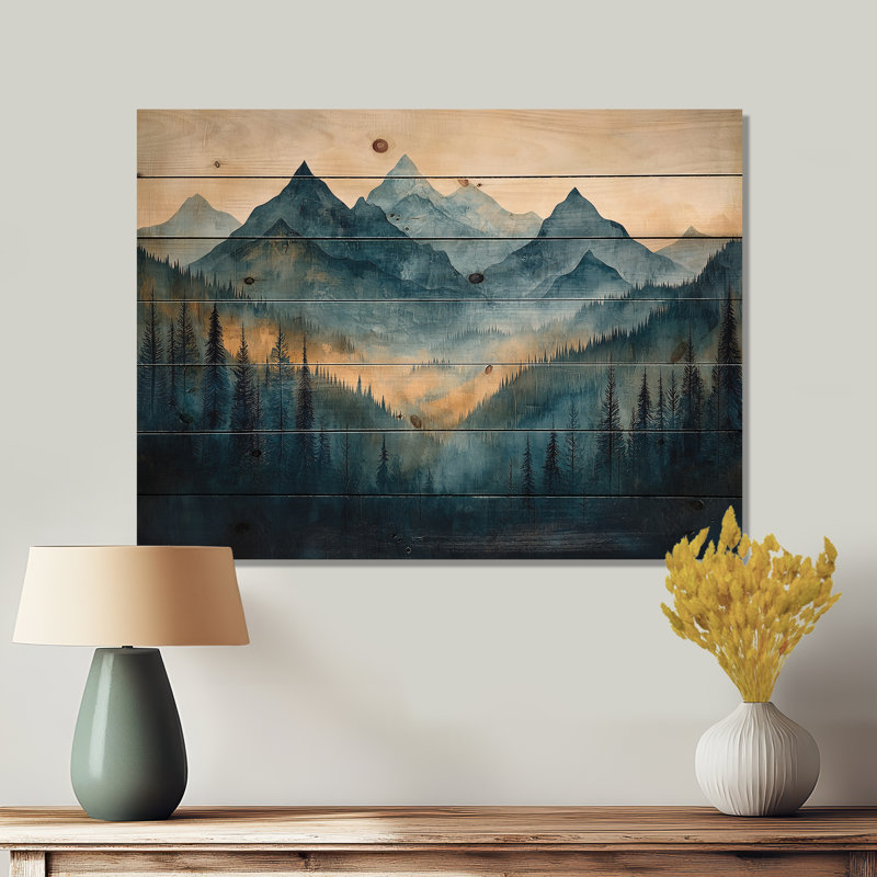«Mountains Natures Layers In Blue Winter II», impression de paysage de montagnes - sur bois de pin naturel