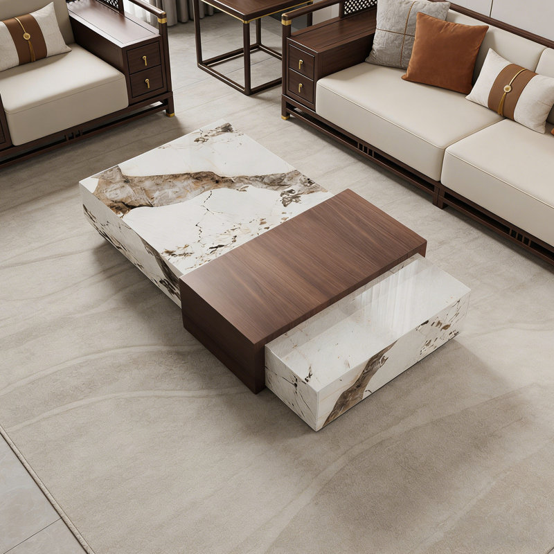 Table basse en ardoise à 2 tiroirs Simplicity Home, H 14,17 po x L 55,11 po x l 31,49 po, Brun noisette, Taupe / Blanc