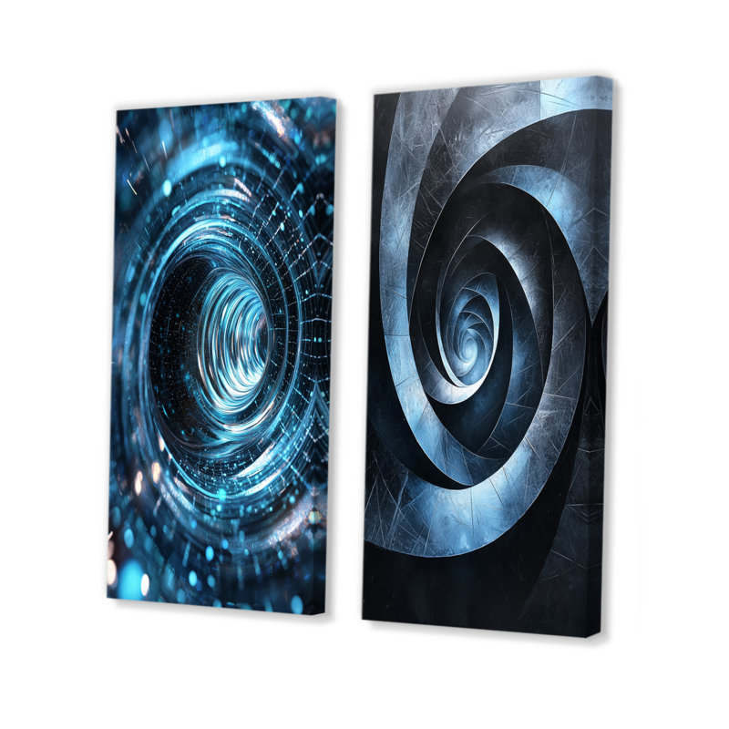«Blue Fractal Black Hole I», ensemble de 2 pièces d'art abstrait en spirale, H 32 po x l 32 po, Toile tendue