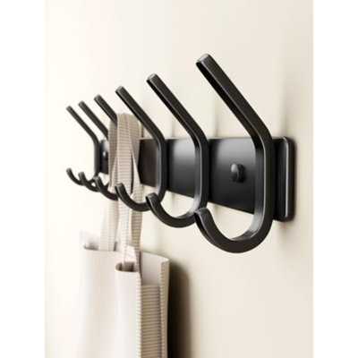 Coat Rack Wall Mount – 17 Inch Stainless Steel Hook Rail with 6 Double Coat Hooks for Hanging – Wall Mounted Entryway Organizer for Coats, Hats, Bags, Towels, Robes, Bedroom or Bathroom - Black