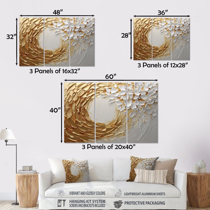 Ensemble de salon art mural blanc et or rose Vortex Love III - Abstract Spirals, Métal métal, H 32 po x l 48 po x P 1 po
