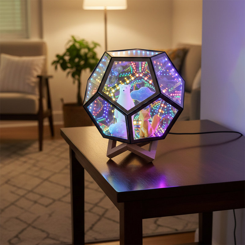 RGBW Color-Changing Infinity Dodecahedron Display Riser with Magnetic Lid, Lighted Display Case for Collectible Figures