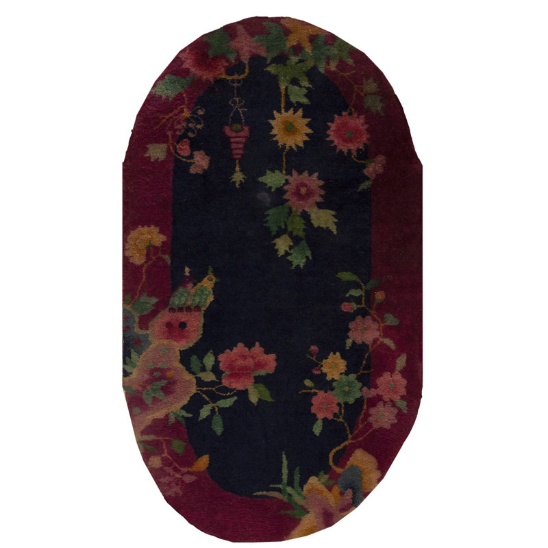 Small Scatter Size Wool Pile Blue Color Antique Chinese Deco Oval Throw Rug