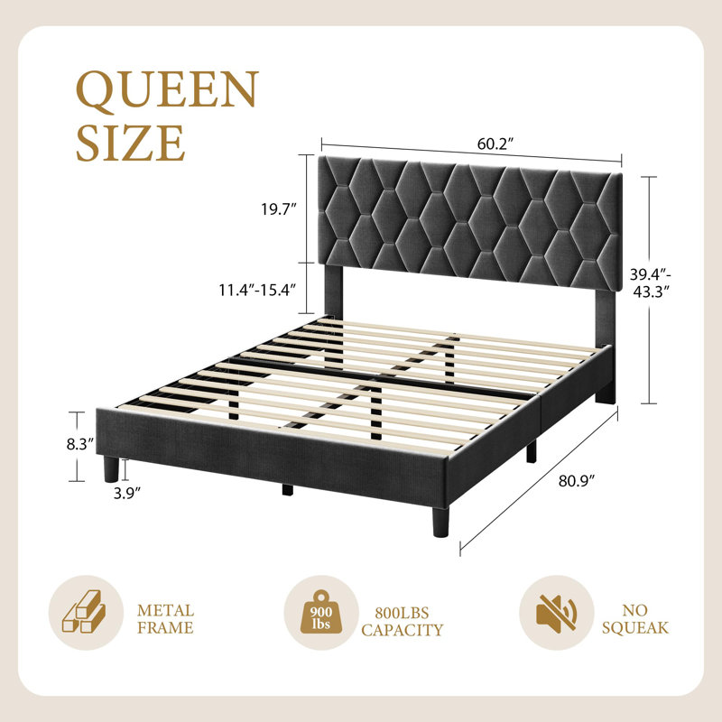 Lit plateforme rembourré avec tête de lit ajustable (taille Queen) - Sommier à lattes en bois robuste, silencieux, sans sommier tapissier, montage facile - Gris