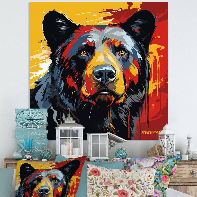 Illustration abstraite d'ours coloré I - Bear 2, art mural en métal, H 16 po x l 16 po x P 1 po