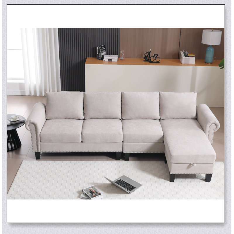 Convertible Sectional Sofa With Storage,L-Shaped Sofa,Four-Seater Sofa, Beige Linen