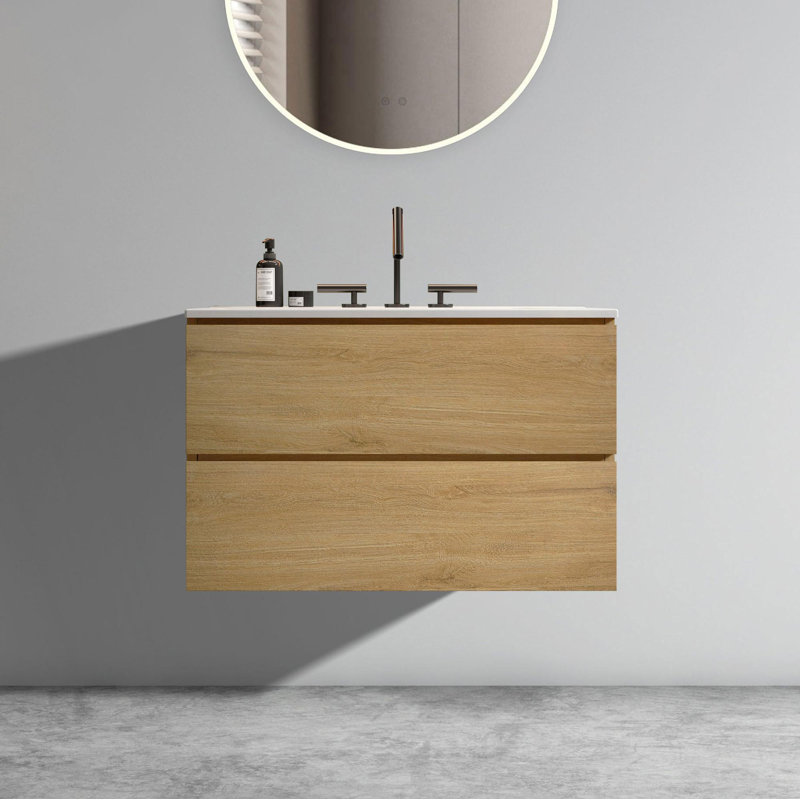 Meuble-lavabo mural avec lavabo en céramique avec trois trous de robinet, grand meuble-lavabo flottant de rangement pour salle de bain moderne, pré-assemblé