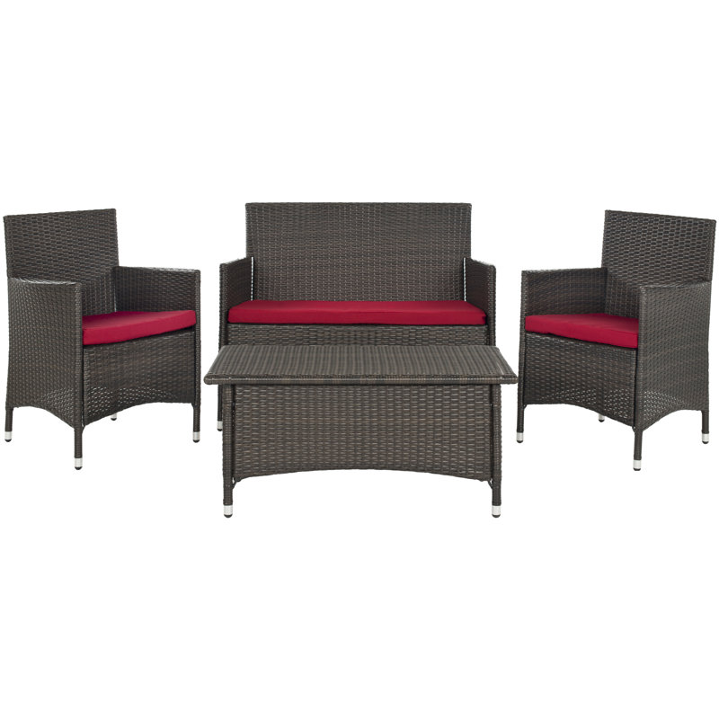 Hogarth 4 - Person Patio Conversation Set with Cushions, Dark Brown with Red Cushions