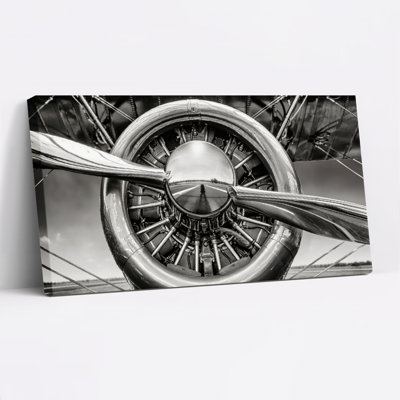 Ensemble de 1 tableau sur toile tendue représentant une hélice d'avion vintage en noir et blanc