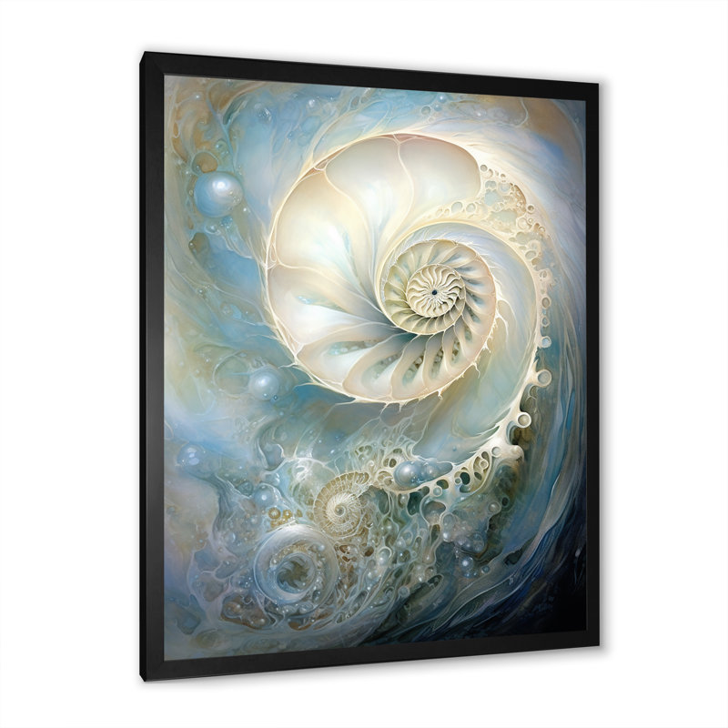 Nautilus perle bleue et blanche sur toile, Cadre simple noir, H 20 po x l 12 po x P 1 po
