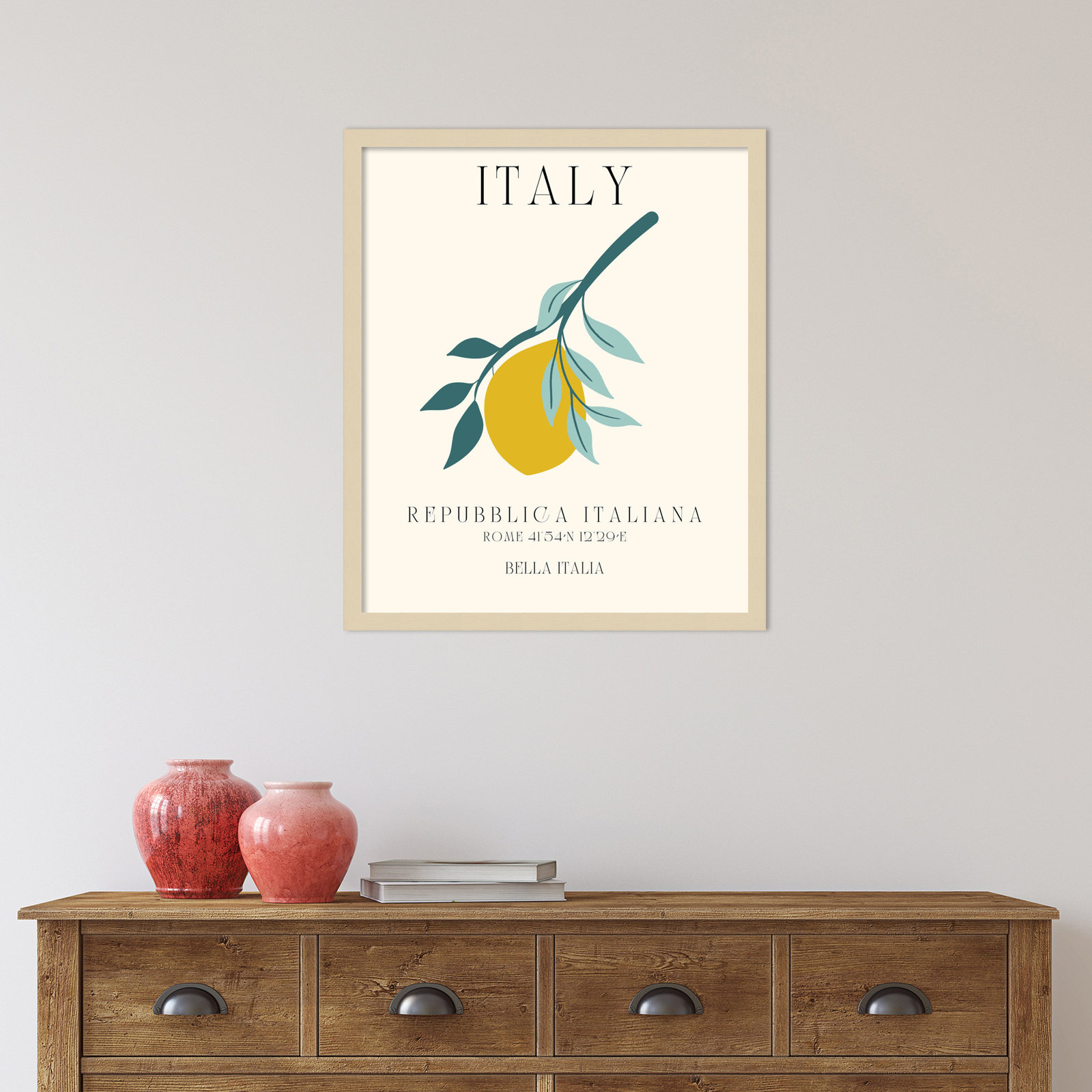 Italy Travel Poster Bella Italia by Chayan Lewis, Brown Framed, 21" W x 25" H x 1" D