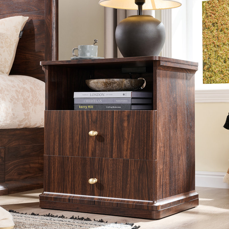Table de chevet moderne en bois avec station de charge et tablette ouverte Abarca, grande table de chevet de 23,6 po avec 2 tiroirs de rangement, grande cascade de style Mid-Century