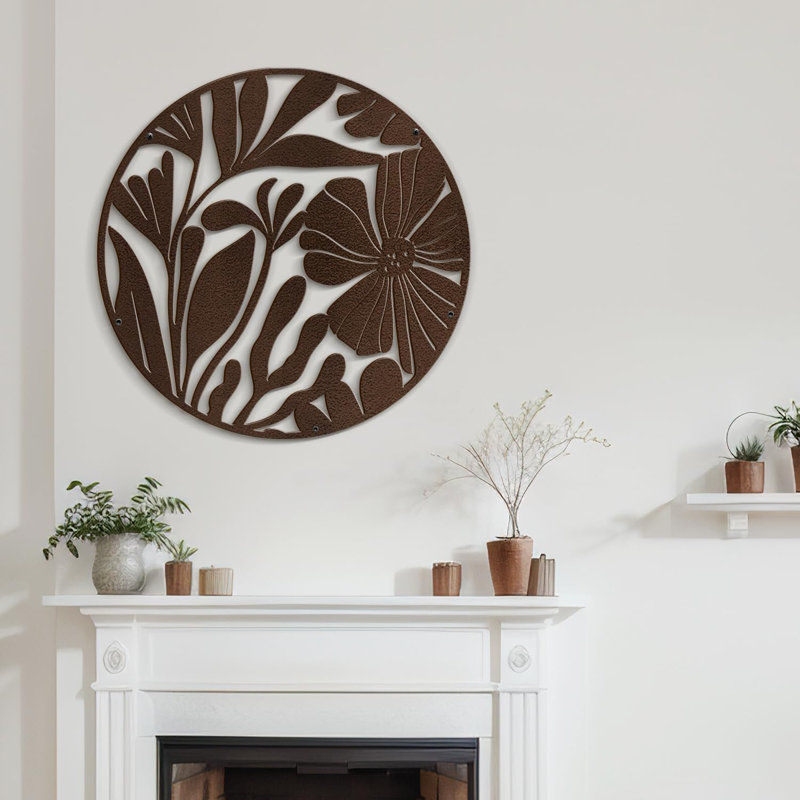 Décoration murale ronde en métal botanique, H 18 po x l 18 po x P 0,05 po, Brun