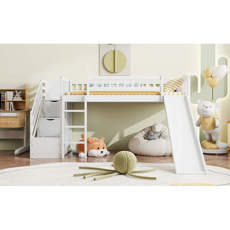 Stairway Loft Bed with Two Drawers and Slide, White