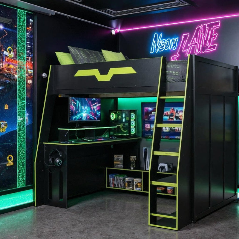 Lit mezzanine double en bois massif avec bureau d'étude réglable, tablettes de rangement à plusieurs niveaux et lumières de jeu RVB pour les adolescents