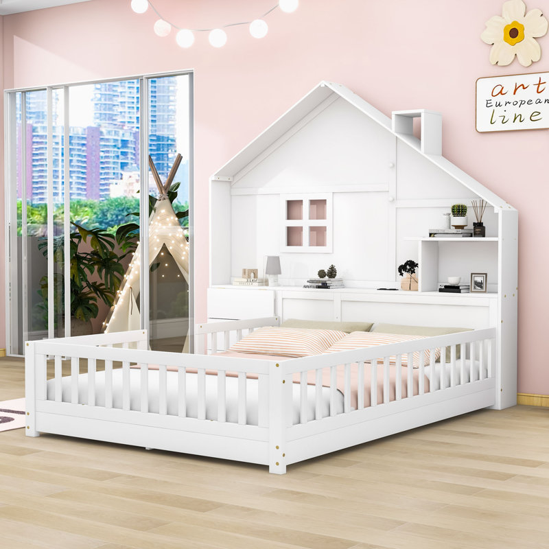 Ahyonna Lazelle 2 Drawers Wood House-Shape Platform Bed with Shelves and a set of Sockets, Full / Double, White