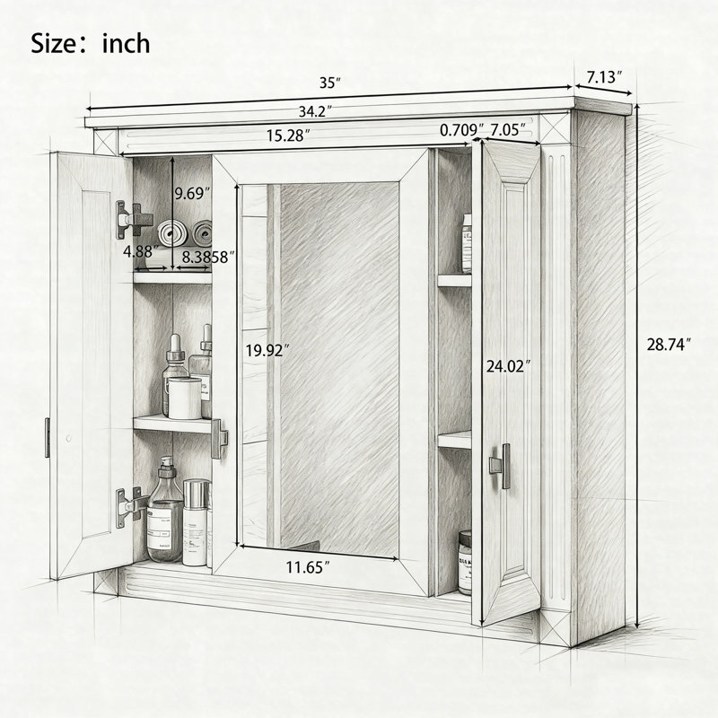 Armoire de salle de bain murale avec miroir, armoire à pharmacie murale 34,4 po avec 4 tablettes réglables, rangement au-dessus de la toilette