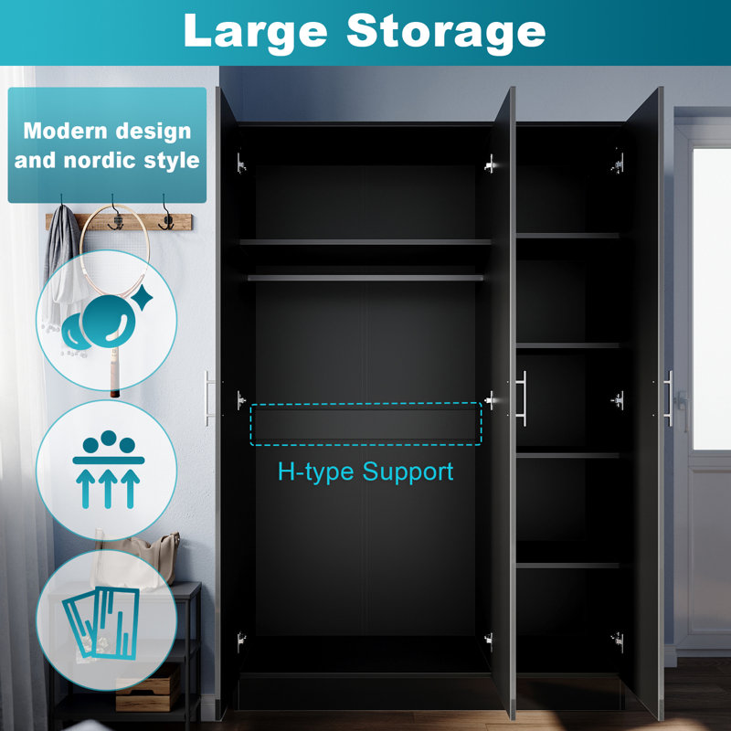 Shivom 3 Door Manufactured Wood Wardrobe, Matte Black
