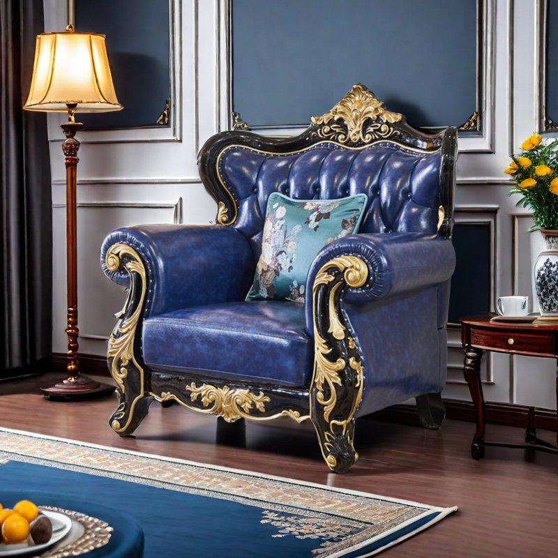 Fauteuil en cuir véritable européen capitonné de 47,2 po de largeur en cuir véritable, Cuir véritable bleu