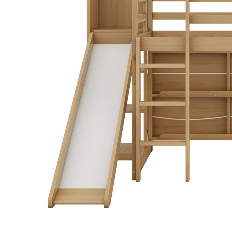 Twin Size Wood House Loft bed with Slide, Storage shelves and Light, Wood