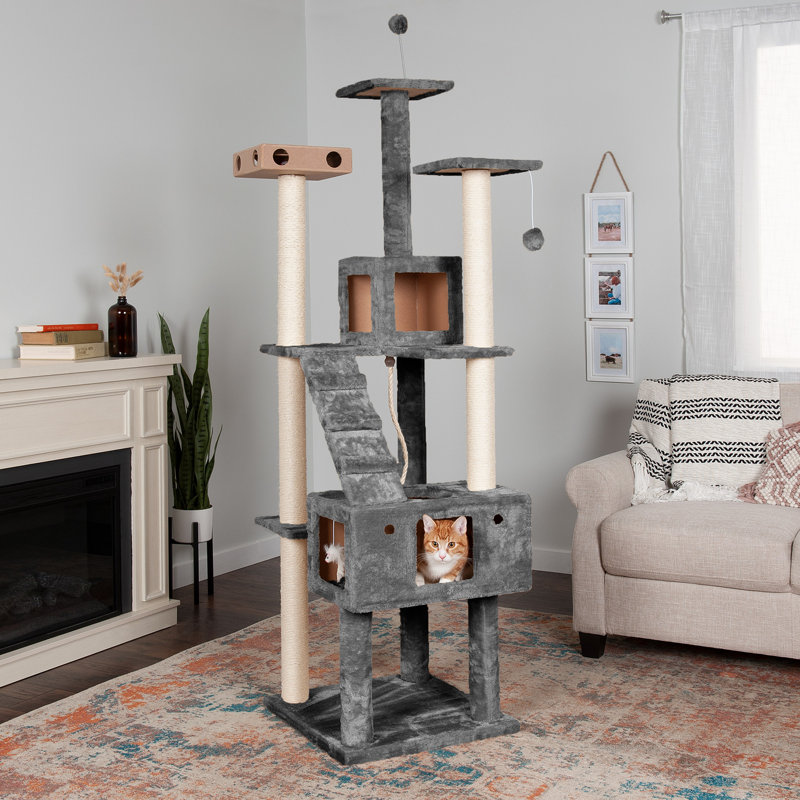 Tall Gray Sisal Cat Tree with Multiple Levels and Condos