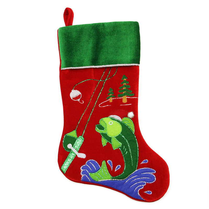 Chaussette de Noël 19,5 po en velours de coton rouge avec manchette verte