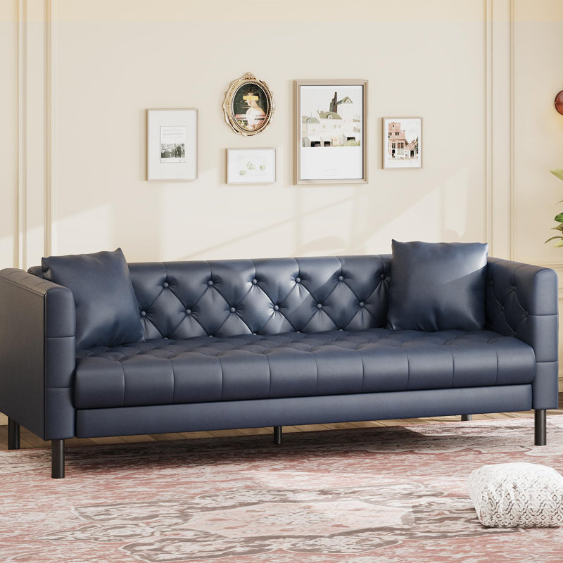 81" Leather Couch, Handmade Button Tufted 3 Seater Sofa, Chesterfield Sofa with Deep Seat, Blue