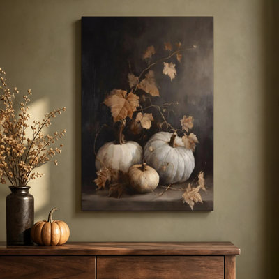 White Pumpkins with Dark Autumn Leaves Oil Painting Print Wrapped Canvas Wall Art, 16 x 24 Inches, Ready to Hang