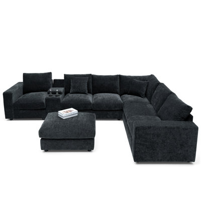Cloud Modular Sectional Sofa Upholstered Deep Seat Couches With Cupholder Console With Usb Port & Storage Box And An Ottoman