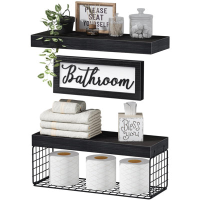 Étagère de salle de bain au-dessus de la toilette - Rangement de papier mural, décorations de ferme, décorations esthétiques, petite tablette flottante 2 + 1, ensemble de 16 pouces, noir