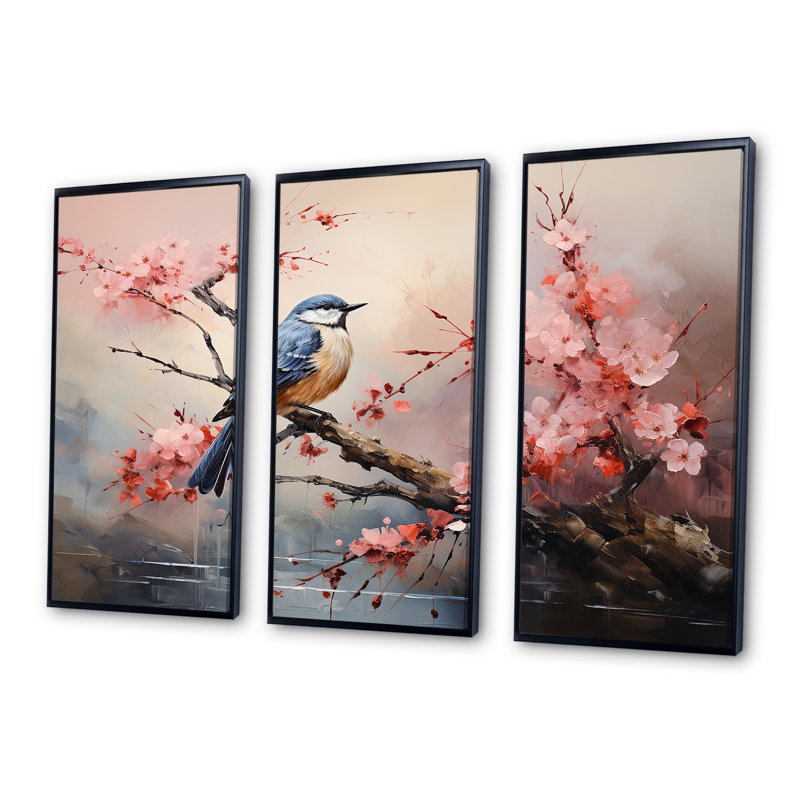 Vol de cerisier japonais en fleur I - Art mural oiseau, H 40 po x l 61 po, Cadre flottant noir