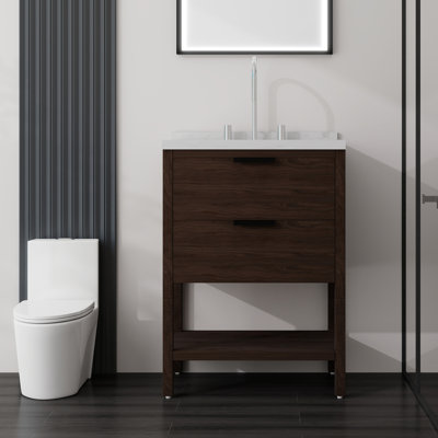 Meuble-lavabo autoportant de 61 cm (24 po) avec lavabo en céramique, tiroirs à fermeture amortie, comptoir et dosseret en marbre reconstitué, armoire de salle de bain ouverte en contreplaqué, marron