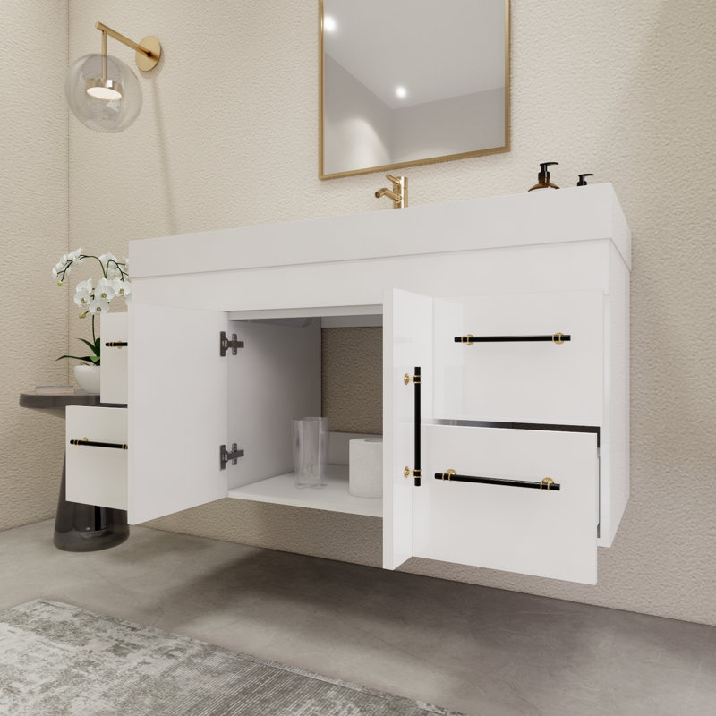 Ensemble de meuble-lavabo simple mural 47,2 "avec tiroirs et portes, Blanc brillant