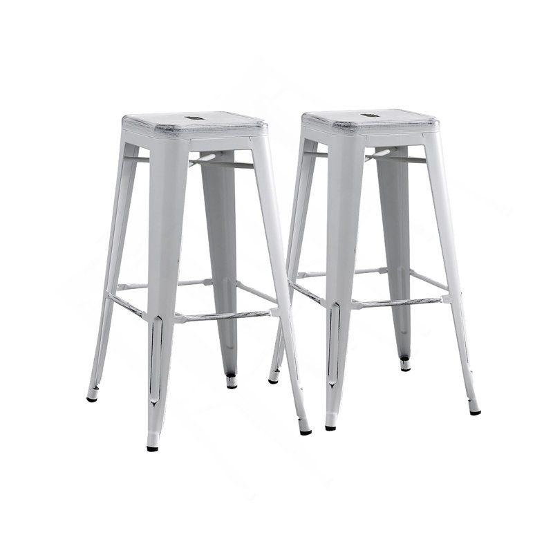 Tabourets de bar en métal sans dossier, rétro, léger, industriel, contemporain, rustique, rétro, côtier, sans dossier et 4 pieds (ensemble de 2) (siège de 30 po, blanc vieilli)