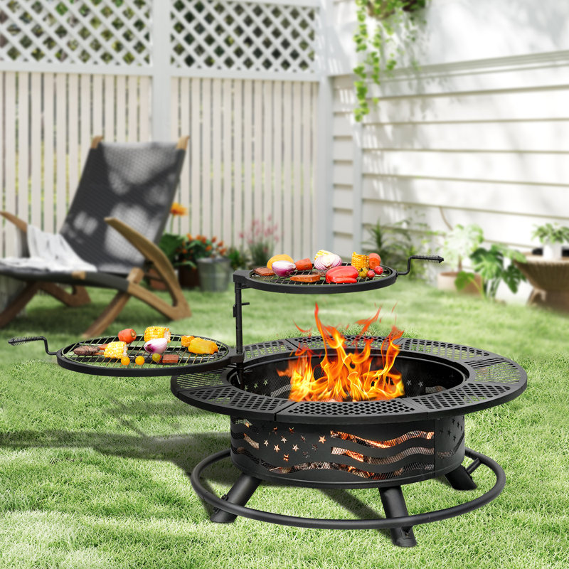 Wood Burning Fire Pit Table with Grill, 28.7" H x 42" W x 42" D