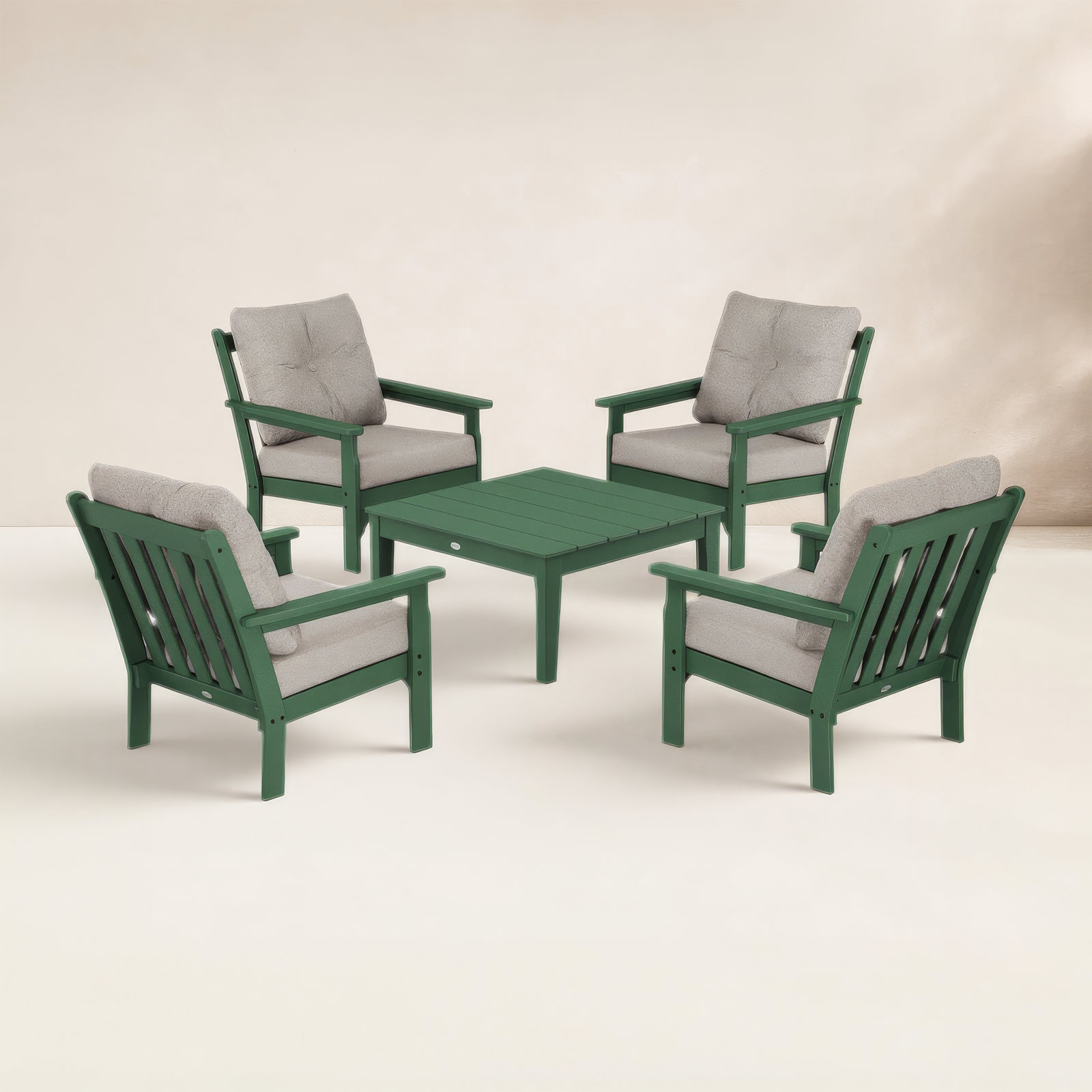 POLYWOOD® Vineyard 4-Person Patio Seating Group, Weathered Tweed Revolution® Tweed, Green