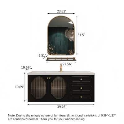 Meuble-lavabo mural en bois d'hévéa massif avec lavabo intégré en céramique, tablette ouverte et miroir