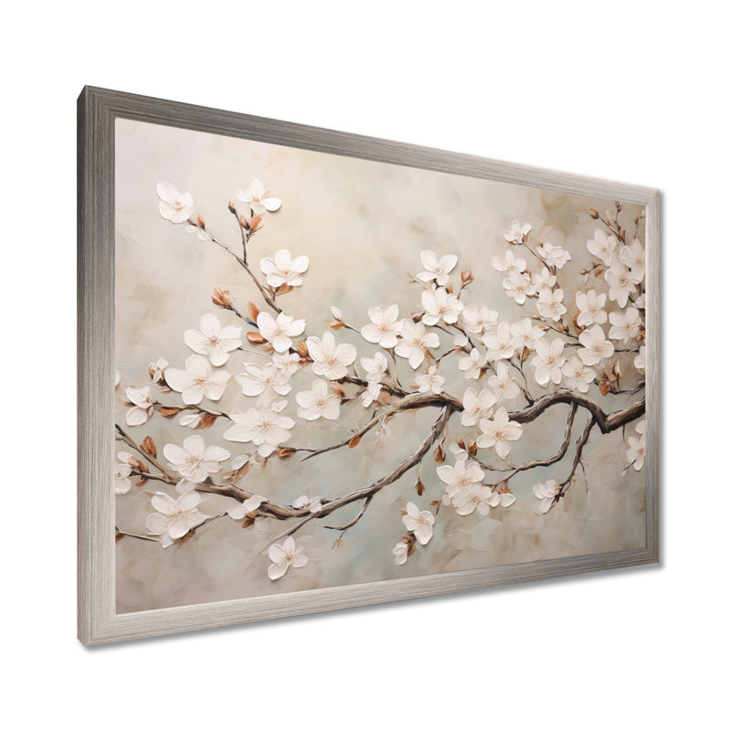 Minimalisme blanc et gris Cherry Blossom III - art mural Cherry Blossom, H 12 po x l 20 po x P 1 po, Cadre argenté