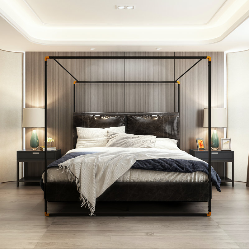 Upholstered Metal Canopy Bed, Queen, Black