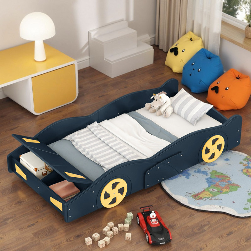 Lit plateforme pour enfants avec rangement innovant, Lit simple, Bleu