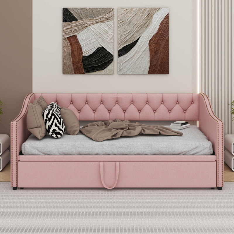 Twin Size Upholstered Daybed With Trundle, Pink