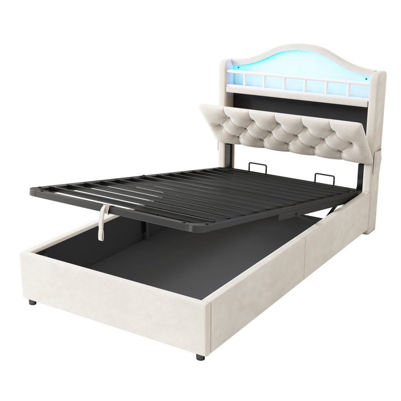 3ft Ottoman Bed With Led And  Storage Headboard Velvet, Beige