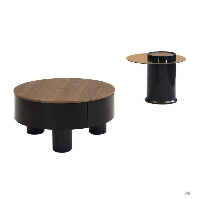 Ensemble de 2 tables basses rondes gigognes, table basse avec tiroir de rangement, table centrale en plastique pour le salon, grand: 27,56 po, petit: 19,69 po